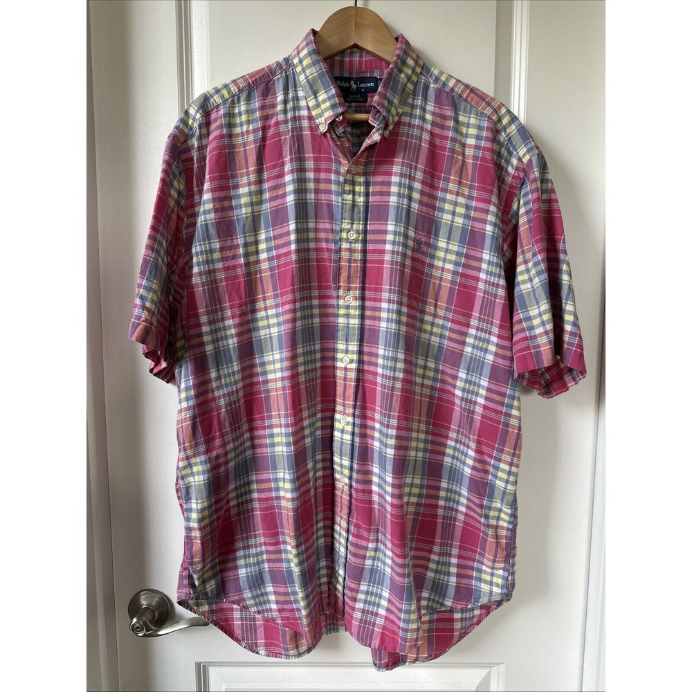 Ralph Lauren Shirt Mens XL Blake Short Sleeve Button Up Plaid Colorful Pony Logo